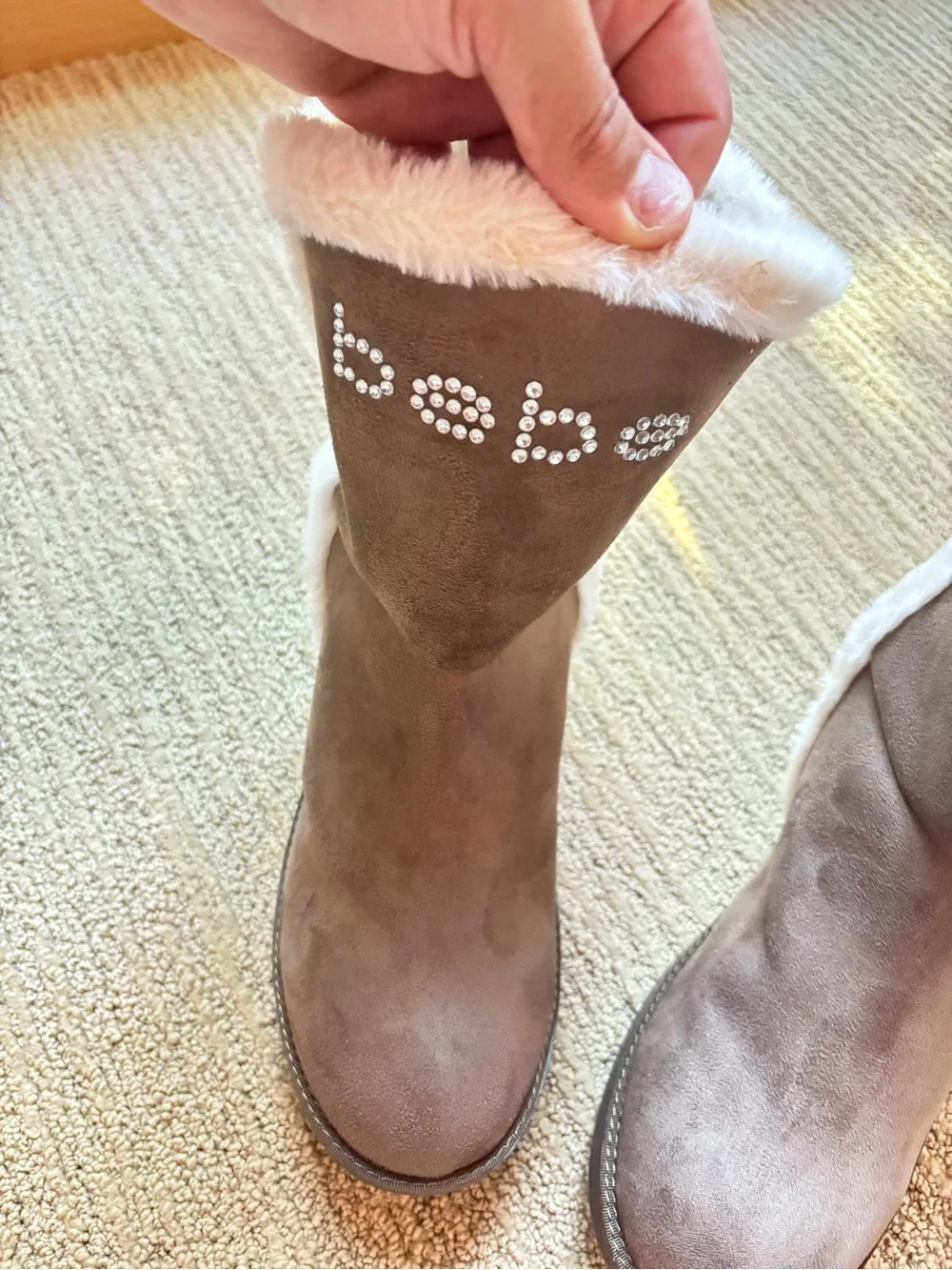 bebe — “lenina” suede faux fur winter boots — brown